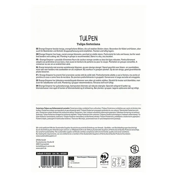 Sperli Blumenzwiebeln Fosteriana-Tulpe Orange Emperor - Tulipa fosteriana, 5 Stk. - TULPEN Tulipa fosteriana-Verpackung. Eine Tulipa fosteriana Blumenzwiebelpackung mit Produktbeschreibung und Nachhaltigkeitssiegeln.