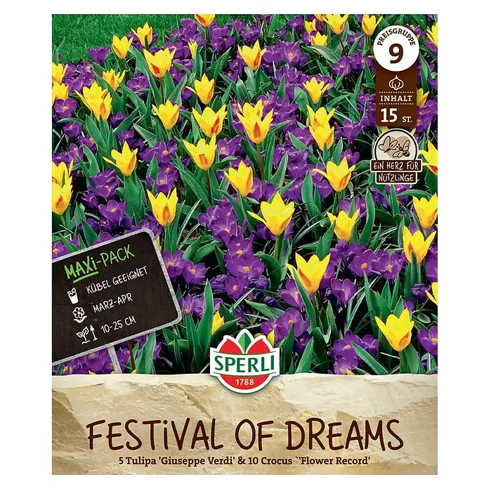 Sperli Blumenzwiebeln Mischung Festival of Dreams - Mischung, 15 Stk. - Produktfoto: 'Festival of Dreams' - 5 Tulpen 'Giuseppe Verdi' & 10 Krokusse 'Flower Record' für einen farbenfrohen Frühlingsgarten.
