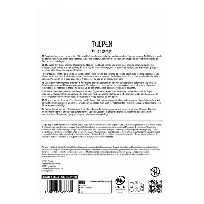 Sperli Blumenzwiebeln Greigii-Tulpe Rotkäppchen - Tulipa greigii, 6 Stk. - Produktverpackung für "Tulpen Tulipa greigii" mit Infos zu Anbau, Pflege und Nachhaltigkeit.