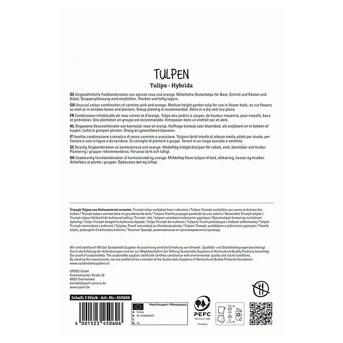 Sperli Blumenzwiebeln Triumph-Tulpe Jimmy - Tulipa x Hybrida, 5 Stk. - Abbildung einer Verpackung Tulpen-Hybrida-Blumenzwiebeln mit apricot-rosa und orangen Farbkombination, ideal für Blumenbeete und Kübel.