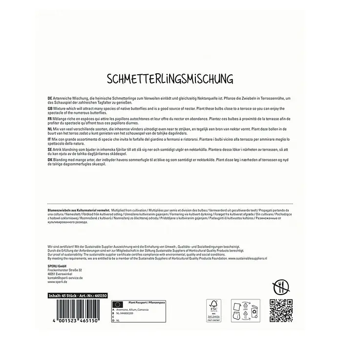 Sperli Blumenzwiebeln Frühlingsgarten Schmetterlingsmischung - Arten-Mischung, 45 Stk. - Samenmischung für Schmetterlinge. Eine attraktive Mischung, die viele Schmetterlinge anlockt und eine gute Nektarquelle darstellt.
