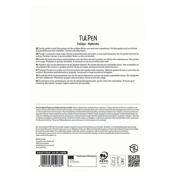 Sperli Blumenzwiebeln Darwin-Hybrid-Tulpe Parade - Tulipa x Hybrida, 5 Stk. - Abbildung der Verpackung Tulpen-Hybrida.