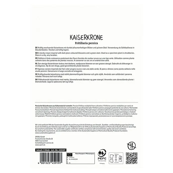 Sperli Blumenzwiebeln Persische Kaiserkrone Adiyaman - Fritillaria persica, 1 Stk. - Produktverpackung der Kaiserkrone (Fritillaria persica) mit Informationen zu Anbau und Pflege.