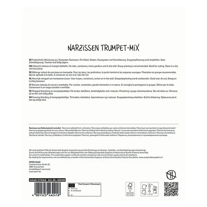 Sperli Blumenzwiebeln Maxi Trompeten-Narzissen Mischung - Narcissus pseudonarcissus, 15 Stk. - Verpackung der Narzissen Trumpet-Mix Blumenzwiebeln, ideal für Kübel, Kästen und Gärten. Gruppenpflanzung für eine farbenfrohe Verwilderung.