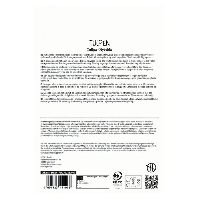 Sperli Blumenzwiebeln Lilienblütige Tulpe Claudia - Tulipa x Hybrida, 5 Stk. - Tulpen-Hybrida-Verpackung.