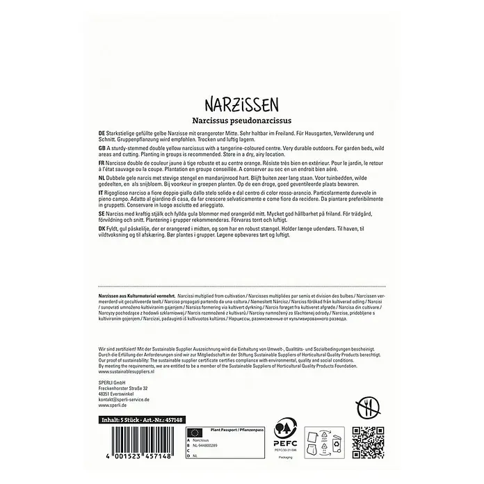 Sperli Blumenzwiebeln Narzisse Tahiti - Narcissus pseudonarcissus, 5 Stk. - Narzissen pseudonarcissus-Packung. Gefüllte gelbe Narzissen mit orangeroter Mitte für Garten, Verwilderung und Schnitt.