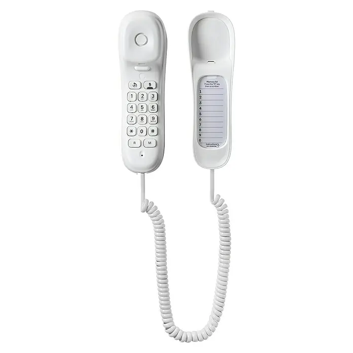 Motorola Teléfono fijo CT50 - Blanco - Primer plano de un teléfono de pared blanco con teclado y cable en espiral, diseñado para uso mural.