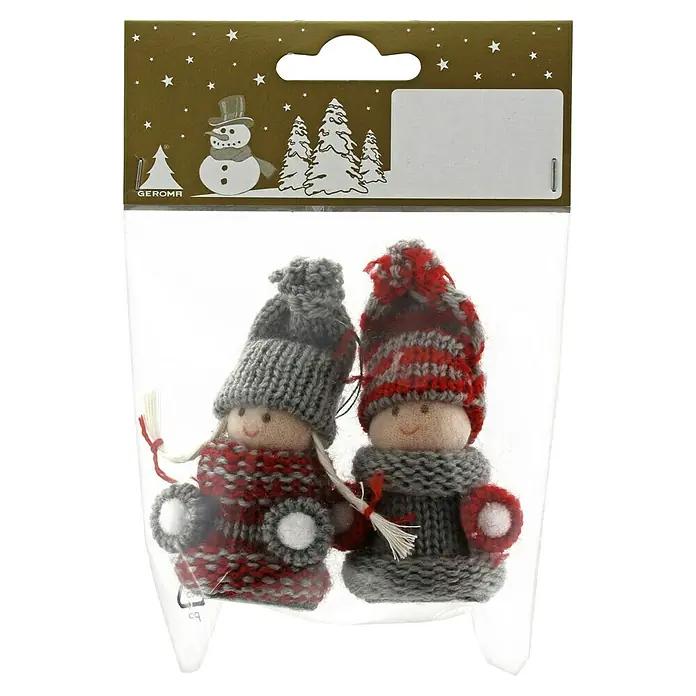 Geroma Christbaumschmuck Püppchen - Höhe: 7,5 cm, Grau/Rot, Filz, 2 Stk. - Weihnachtliche Strickfiguren mit Mützen und Schals in einer transparenten Verpackung vor goldenem Hintergrund mit Sternen.