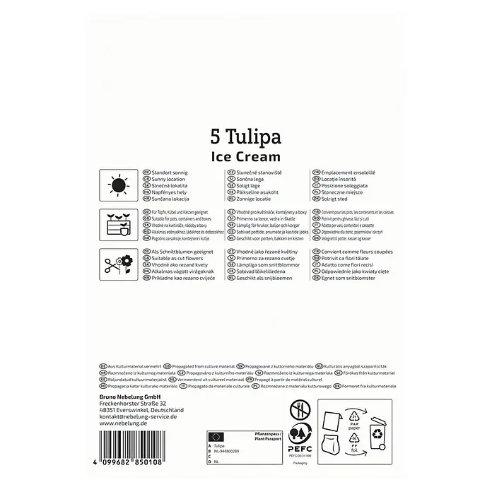 Kiepenkerl Profi-Line Blumenzwiebeln Tulpe - Tulipa x Hybrida 'Ice Cream', 5 Stk. - Bild der Verpackung mit Informationen zur Ice Cream Tulipa, einschließlich Anbaubedingungen und Herkunftsnachweis.