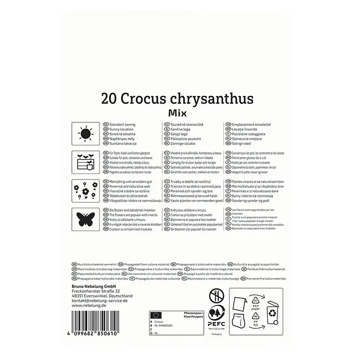 Kiepenkerl Blumenzwiebeln Krokus Mischung - Crocus chrysanthus, 20 Stk. - Informationen zur 20 Crocus chrysanthus Mix, einschließlich Standort, Eignung für Töpfe und Tipps zur Insektenfreundlichkeit.