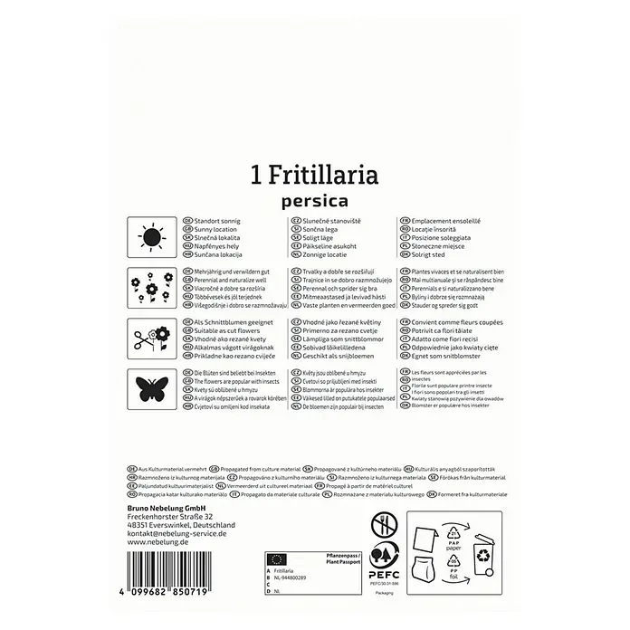 Kiepenkerl Blumenzwiebeln Persische Kaiserkrone - Fritillaria persica, 1 Stk. - Produktbild der Fritillaria persica-Verpackung, ideal für sonnige Standorte und als Schnittblume geeignet.