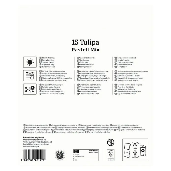 Kiepenkerl Blumenzwiebeln Tulpenmischung - Tulipa x Hybrida Pastell Farbenspiel, 15 Stk. - Produktverpackung für 15 Tulpen Pastell Mix mit Hinweisen zu Standort, Pflanzung und Verwendung.