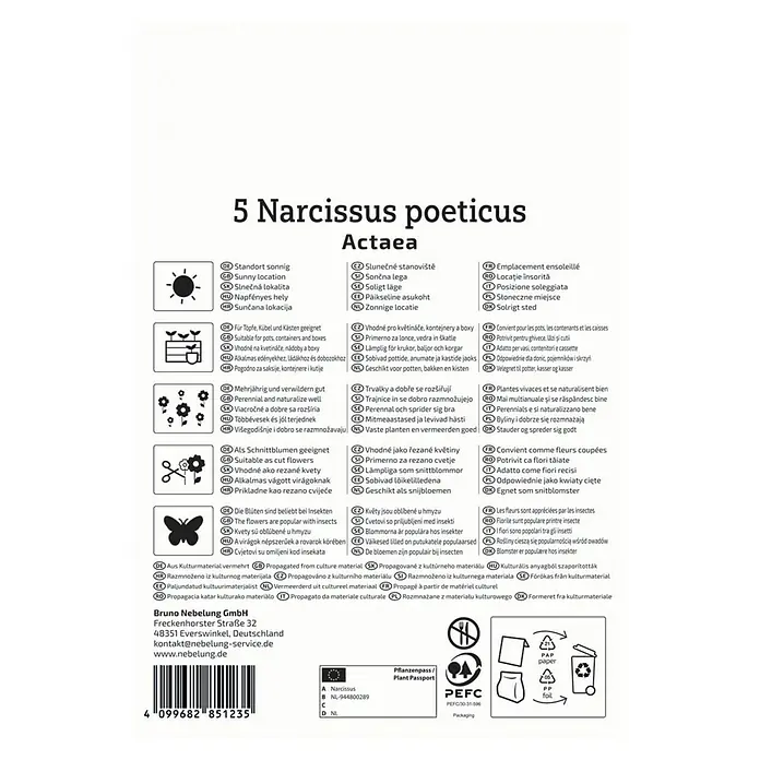 Kiepenkerl Blumenzwiebeln Dichternarzisse - Narcissus poeticus Actaea, 5 Stk. - Produktetikett für 5 Narzissen poeticus Actaea, mit Hinweisen zu Standort, Pflege und Verwendung im Garten.