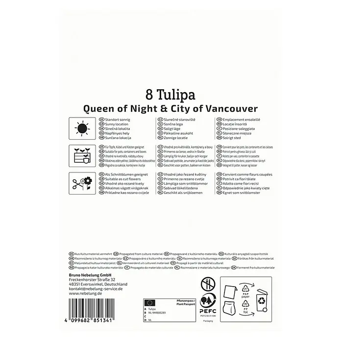 Kiepenkerl Blumenzwiebeln Tulpenmischung - Tulipa x Hybrida 'Day & Night Duo', 8 Stk. - Produktverpackung mit Informationen zu den 8 Tulpen 'Queen of Night & City of Vancouver', einschließlich Standort und Pflegehinweise.