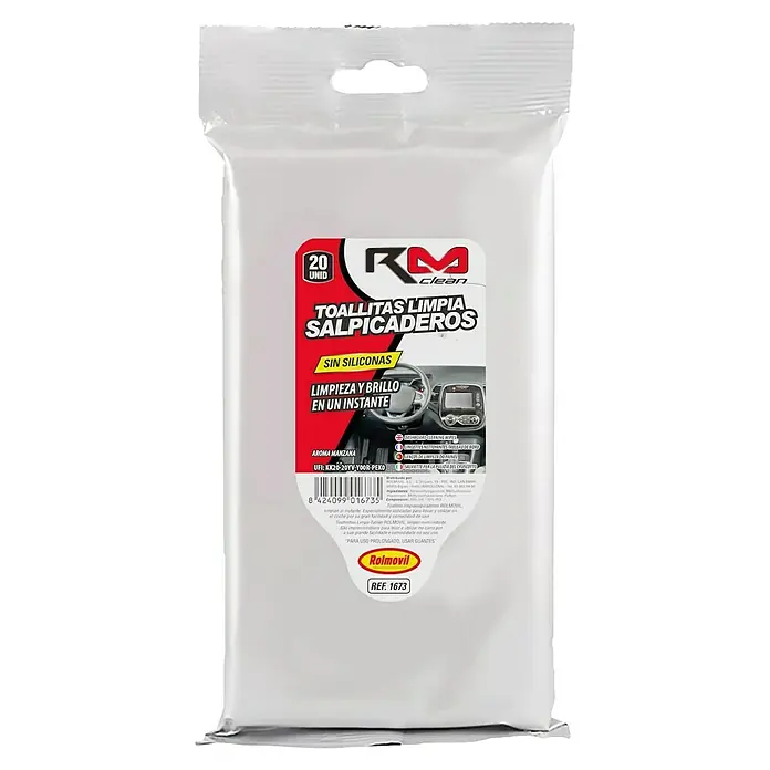Rolmovil Toallitas limpiacristales antivaho - 20 ud. - Toallitas limpiasalpicaderos "RM Clean". Prácticas para una limpieza rápida sin silicona, aroma de manzana.