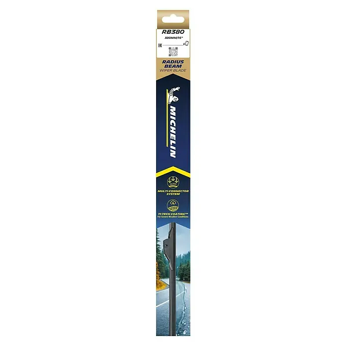 Michelin Goma de escobilla limpiaparabrisas Radius Beam - Largo: 38 cm, Materiales naturales - Imagen de un limpiaparabrisas Michelin Radius Beam RB380, 380MM/15", con sistema multiconector y revestimiento Ti-Tech.