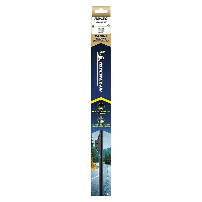 Michelin Goma de escobilla limpiaparabrisas Radius Beam - Largo: 45 cm, Materiales naturales - Limpiaparabrisas Michelin Radius Beam RB450, 450mm. Con sistema multi-conector y recubrimiento Ti-Tech para condiciones climáticas extremas.