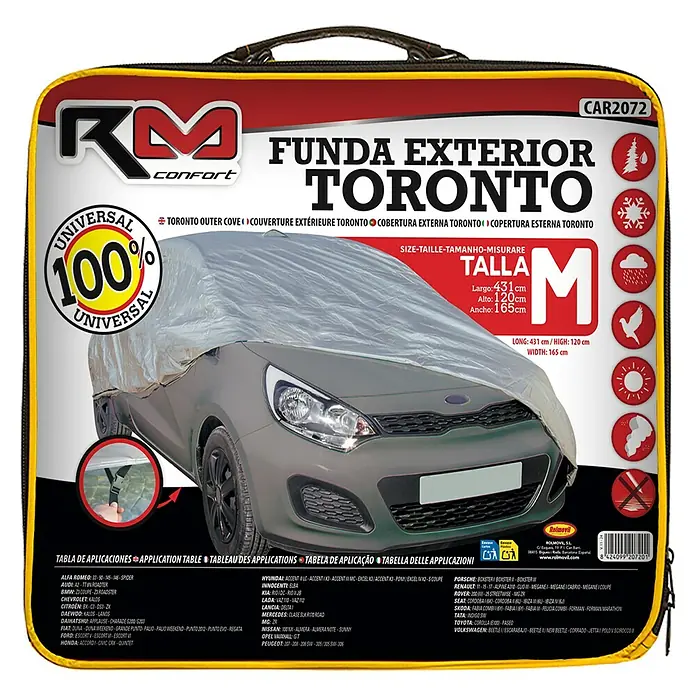 Rolmovil Ambientador de coche gel - Ocean, Azul, 6 sem. - 7 sem. - Imagen del producto de una funda de coche "RM confort" "Funda Exterior Toronto", talla M, que cubre un coche gris.
