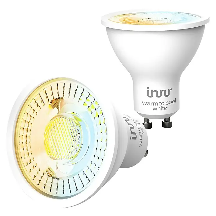 Innr Lighting Smart-LED-Lampen Set Spot Komfort - GU10, Dimmbar, Mehrfarbig, 470 lm, 4,9 W, 2 Stk. - Nahaufnahme von zwei intelligenten Innr-LED-Lampen, die warmes bis kühles Weißlicht ausstrahlen, ideal für die individuelle Beleuchtung.