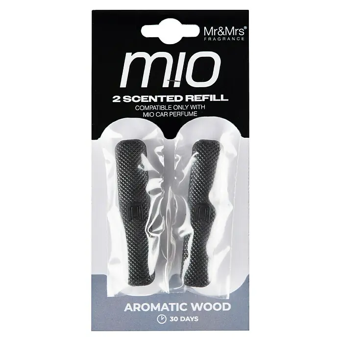 Mr & Mrs Fragrance Ambientador de coche recarga Mio - Aromatic Wood, 45 días, 2 ud. - Embalaje para recambios de fragancia Mr&Mrs Mio "Aromatic Wood", con dos sticks de perfume para uso compatible en coche hasta 30 días.