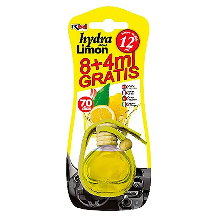 Rolmovil Ambientador de coche Hydra - Limón, Amarillo, 70 días - Imagen de un ambientador Hydra Limon con aroma a limón. El ambientador viene en un envase amarillo con un frasco de aceite perfumado.