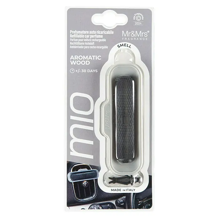 Mr & Mrs Fragrance Ambientador de coche Mío - Aromatic Wood, Gris, 45 días - Imagen del ambientador para coche 'Mio Aromatic Wood' de Mr&Mrs Fragrance con una duración de aroma de +/- 30 días.