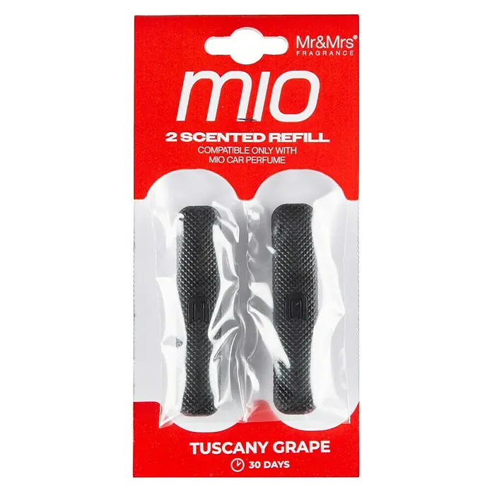 Mr & Mrs Fragrance Ambientador de coche recarga Mio - Tuscany Grape, 45 días, 2 ud. - Un paquete rojo de recambios de ambientador para coche Mr&Mrs Mio con aroma de uva toscana, con una duración de 30 días.