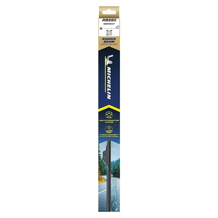 Michelin Goma de escobilla limpiaparabrisas Radius Beam - Largo: 55 cm, Materiales naturales - Limpiaparabrisas Michelin Radius Beam RB550, 550mm/22", con sistema Multi-Connector y recubrimiento Ti-Tech para condiciones climáticas severas.