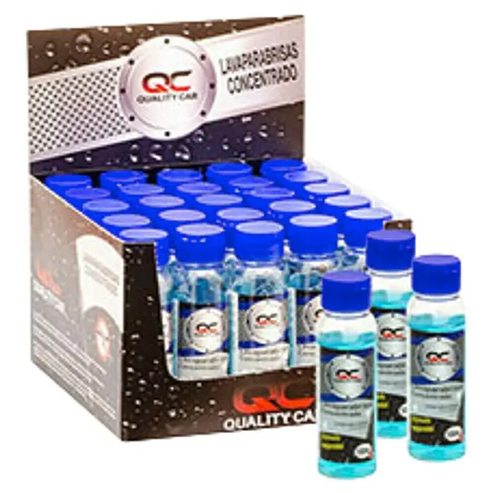 Limpiador de parabrisas QC - 100 ml - Exposición de concentrado limpiaparabrisas QC Quality Car en caja minorista y botellas individuales.