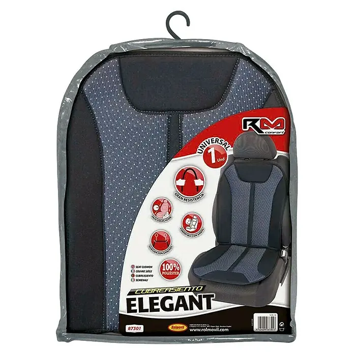 Rolmovil Respaldo acolchado Elegant - Gris/Negro - Funda de asiento universal "Elegant" de Rolmovil en gris/negro, empaquetada con información del producto.