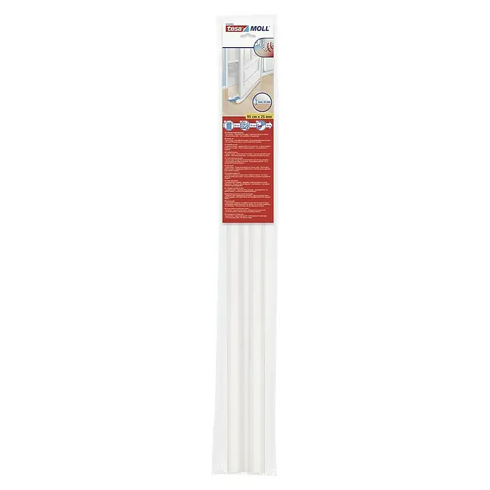 Tesa INSULATION Junta para puerta - Blanco, Largo: 0,95 m - Perfil de sellado para puertas Tesa Moll: Perfil de sellado blanco autoadhesivo para puertas y ventanas, 95 cm de largo y 25 mm de ancho, para huecos de hasta 22 mm.