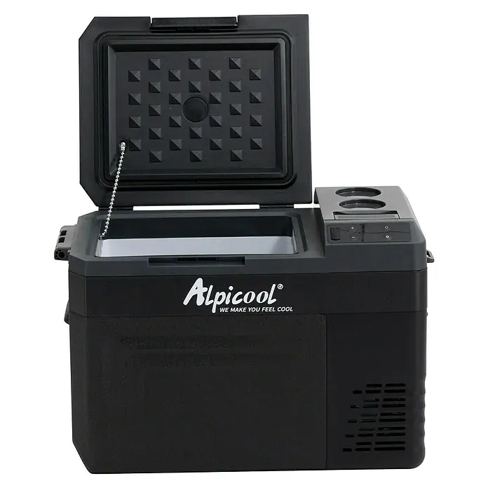 Kompressor Kühlbox WTW25 - 593 x 345 x 410 mm - Tragbarer Aipicool Kühlschrank mit geöffnetem Deckel. Ideal für Reisen, Camping und Outdoor-Aktivitäten, hält Speisen und Getränke kühl.