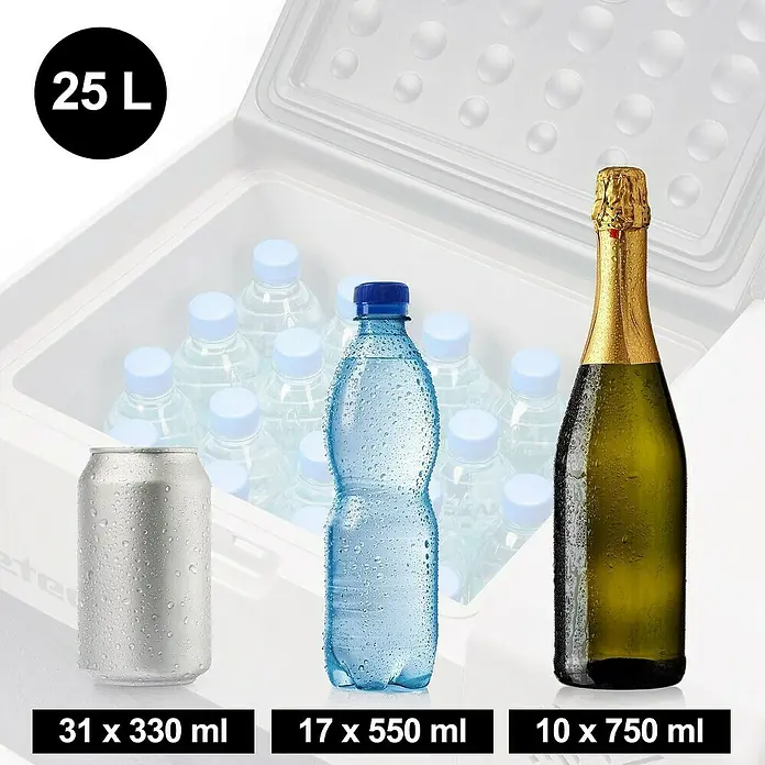 Kompressor Kühlbox WTW25 - 593 x 345 x 410 mm - Kühlbox mit Kapazität von 25 Litern, gefüllt mit Dosen, Wasserflaschen und Champagnerflaschen. Ideal für Picknicks und Outdoor-Aktivitäten.