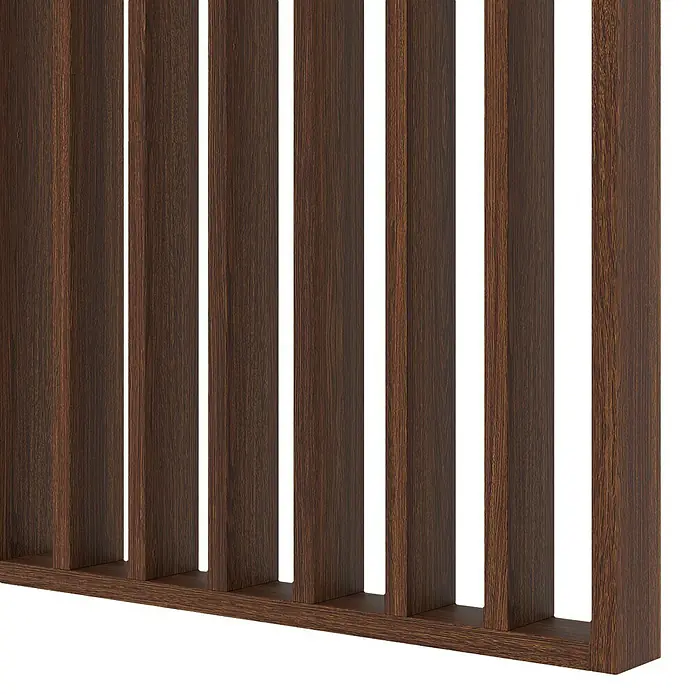 Mixpol Profile Raumteiler Brown Oak - 58 x 250 cm, Braun - Nahaufnahme einer stilvollen Holzlamellenwand in warmen Brauntönen, die modernes Design und natürliche Eleganz vereint.
