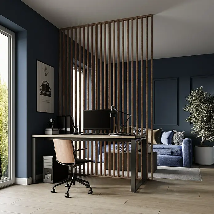 Mixpol Profile Raumteiler Brown Oak - 58 x 250 cm, Braun - Ein elegantes Arbeitszimmer mit einem stilvollen Schreibtisch und einem modernen Raumteiler aus Holz, der den Arbeitsbereich abgrenzt und Privatsphäre schafft.