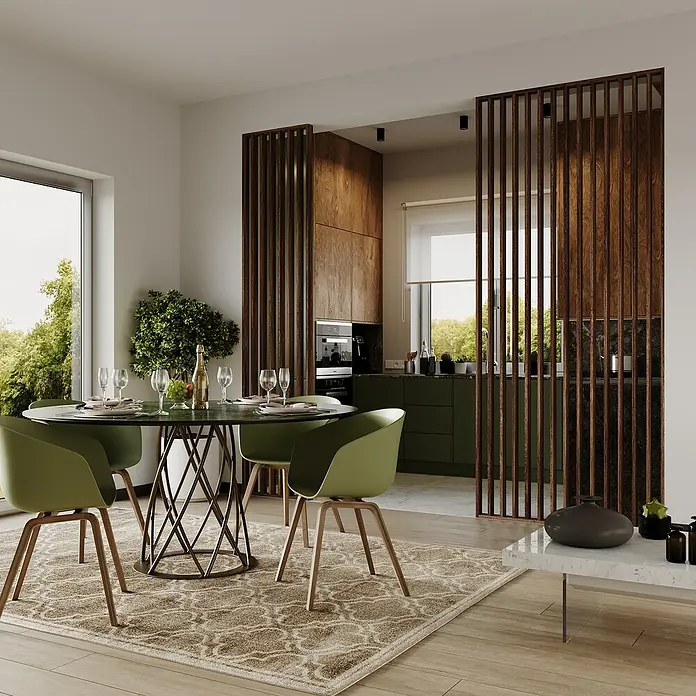 Mixpol Profile Raumteiler Brown Oak - 58 x 250 cm, Braun - Elegantes Esszimmer mit grünem Tisch und Stühlen, getrennt durch Holzpaneele, die einen modernen und stilvollen Übergang zur Küche schaffen.
