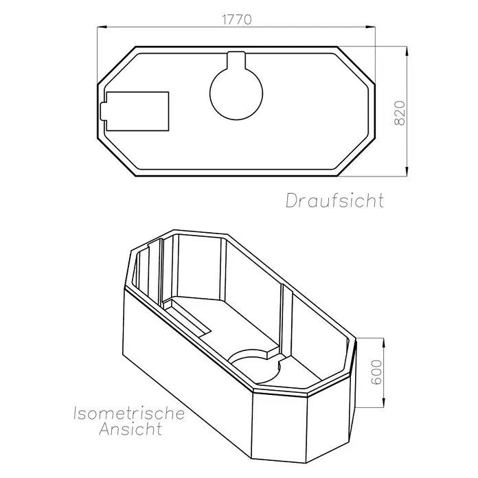 Ottofond Badewannenträger Dakar - Passend für: Badewanne Dakar 180 x 85 cm - Technische Zeichnung einer rechteckigen Badewanne mit abgerundeten Ecken und Maßen.
