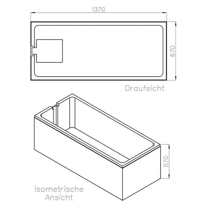 Ottofond Wannenträger Filo - Passend für: Badewanne Filo 140 x 70 cm - Abbildung einer Badewanne mit den Maßen 1370 x 670 x 570 mm in Draufsicht und isometrischer Ansicht.