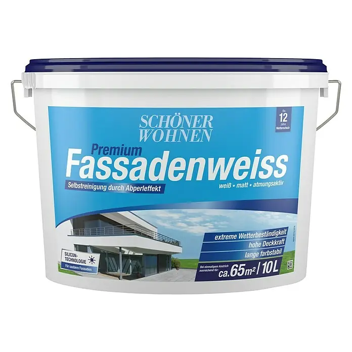 SCHÖNER WOHNEN-Farbe Dispersionsfassadenfarbe Premium Fassadenweiß - Weiß, 10 l - Ein Eimer Fassadenweiss Premium Farbe von Schöner Wohnen. Diese Fassadenfarbe ist selbstreinigend, wetterbeständig und atmungsaktiv.