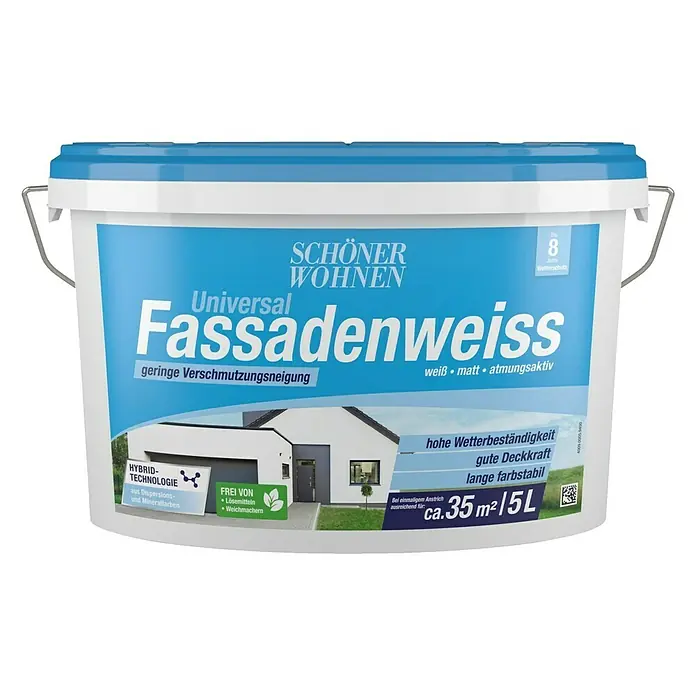 SCHÖNER WOHNEN-Farbe Dispersionsfassadenfarbe Universal Fassadenweiß - Weiß, 5 l - Dose Fassadenfarbe "Schöner Wohnen Universal Fassadenweiss", Hybrid-Technologie, frei von Lösemitteln und Weichmachern, hohe Wetterbeständigkeit.