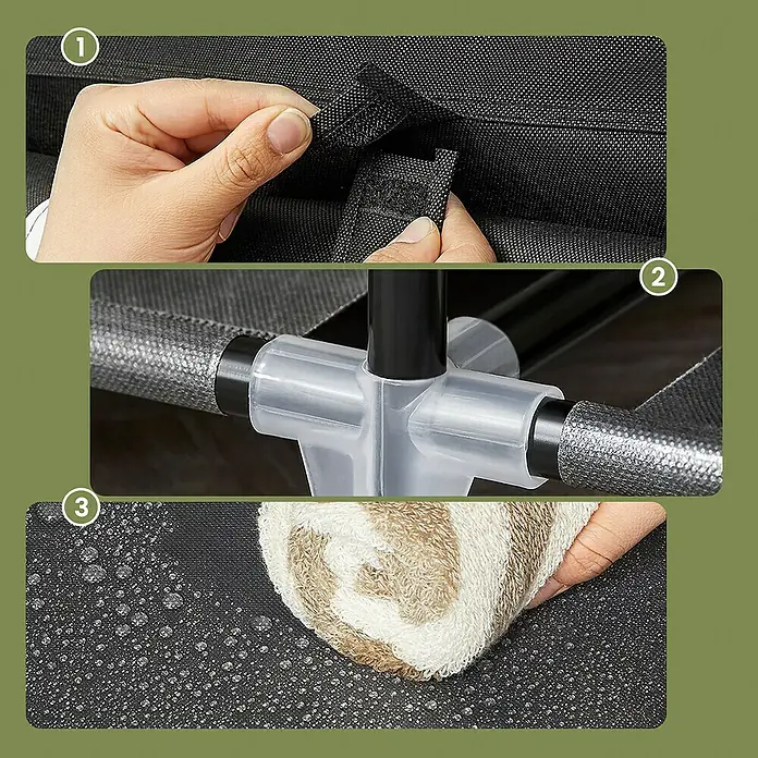 Textiler Kleiderschrank - L x B x H: 45 x 150 x 175 cm, Schwarz - Produktdetails: Nahaufnahme von Griff, Stabilität und wasserabweisendem Material des Produkts.