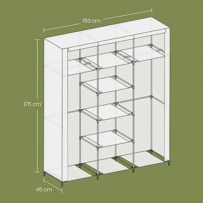 Textiler Kleiderschrank - L x B x H: 45 x 150 x 175 cm, Schwarz - Illustration eines Stoffschranks mit den Maßen 150 cm Breite, 175 cm Höhe und 45 cm Tiefe.