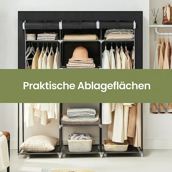 Textiler Kleiderschrank - L x B x H: 45 x 150 x 175 cm, Schwarz - Schrank mit praktischen Ablageflächen für Kleidung, Accessoires und Aufbewahrungsboxen, ideal zur Organisation von Schlafzimmer oder Ankleidezimmer.