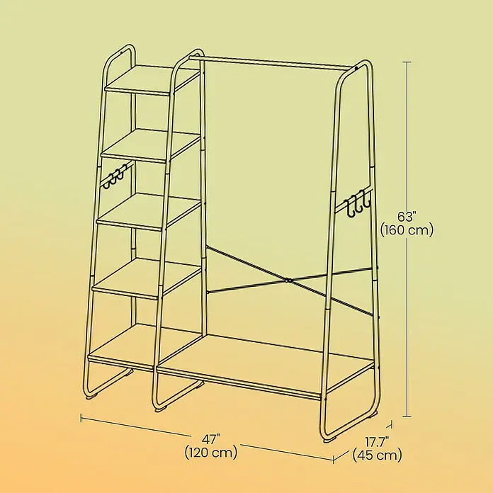 Garderobenständer - L x B x H: 45 x 120 x 160 cm, Anzahl Haken: 6 Stk., Weiß/Beige - Abbildung eines freistehenden Kleiderständers mit Regalen und den Maßangaben 120 cm Breite, 45 cm Tiefe und 160 cm Höhe.