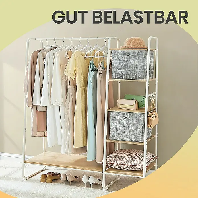 Garderobenständer - L x B x H: 45 x 120 x 160 cm, Anzahl Haken: 6 Stk., Weiß/Beige - Eine Kleiderstange mit Ablagen, auf der Kleidung, Taschen und Schuhe präsentiert werden, hervorgehoben durch den Text "GUT BELASTBAR".