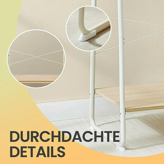 Garderobenständer - L x B x H: 45 x 120 x 160 cm, Anzahl Haken: 6 Stk., Weiß/Beige - Detailaufnahme eines weißen Regals mit hellem Holz, das durchdachte Details wie stabile Füße und eine Kreuzstrebe zeigt.
