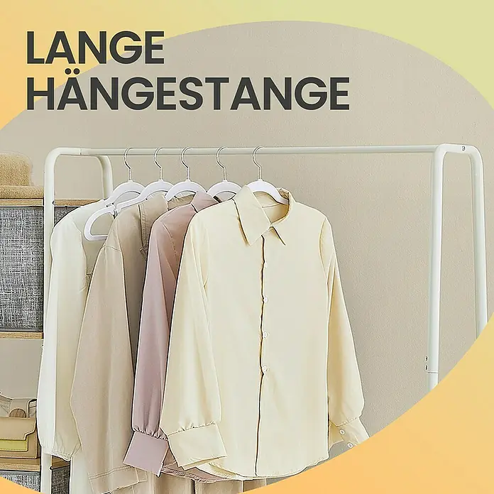 Garderobenständer - L x B x H: 45 x 120 x 160 cm, Anzahl Haken: 6 Stk., Weiß/Beige - Eine lange Kleiderstange mit mehreren eleganten Blusen in verschiedenen Farben, die an weißen Kleiderbügeln hängen. Ideal für die stilvolle Aufbewahrung.