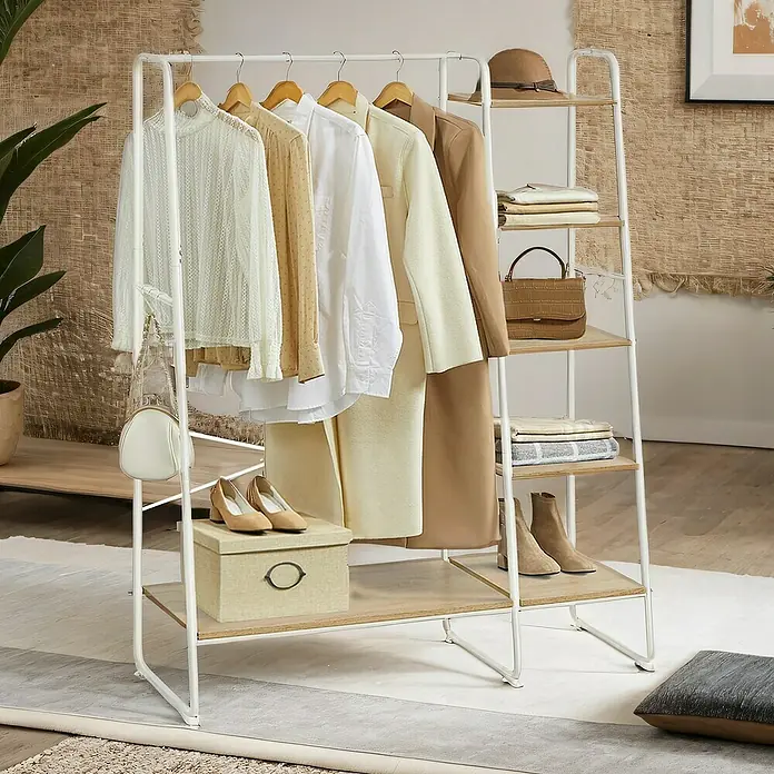Garderobenständer - L x B x H: 45 x 120 x 160 cm, Anzahl Haken: 6 Stk., Weiß/Beige - Kleiderständer mit Ablagen, ideal für die Organisation von Kleidung, Schuhen und Accessoires. Das schlichte Design fügt sich nahtlos in jeden Raum ein.