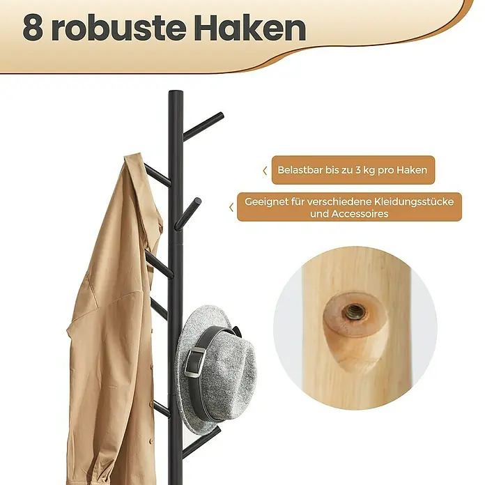 Garderobenständer - B x H: 47 cm x 175 mm, Anzahl Haken: 8 Stk., Schwarz - Eine Nahaufnahme eines Garderobenständers mit acht robusten Haken, ideal zum Aufhängen von Kleidung und Accessoires.