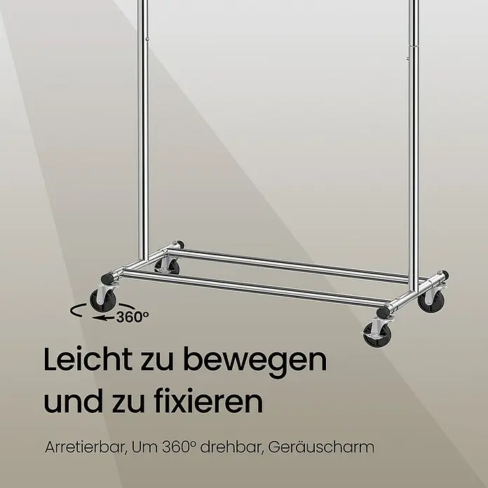 Kleiderwagen - L x H: 45 x 160 cm, Breitenverstellung: 92 cm - 132 cm, Silber - Detailansicht eines Kleiderständers mit 360° drehbaren Rädern, die das Bewegen und Fixieren erleichtern.